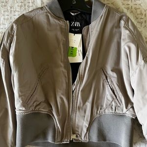 ZARA GREY SAGE BOMBER CROPPED JACKET